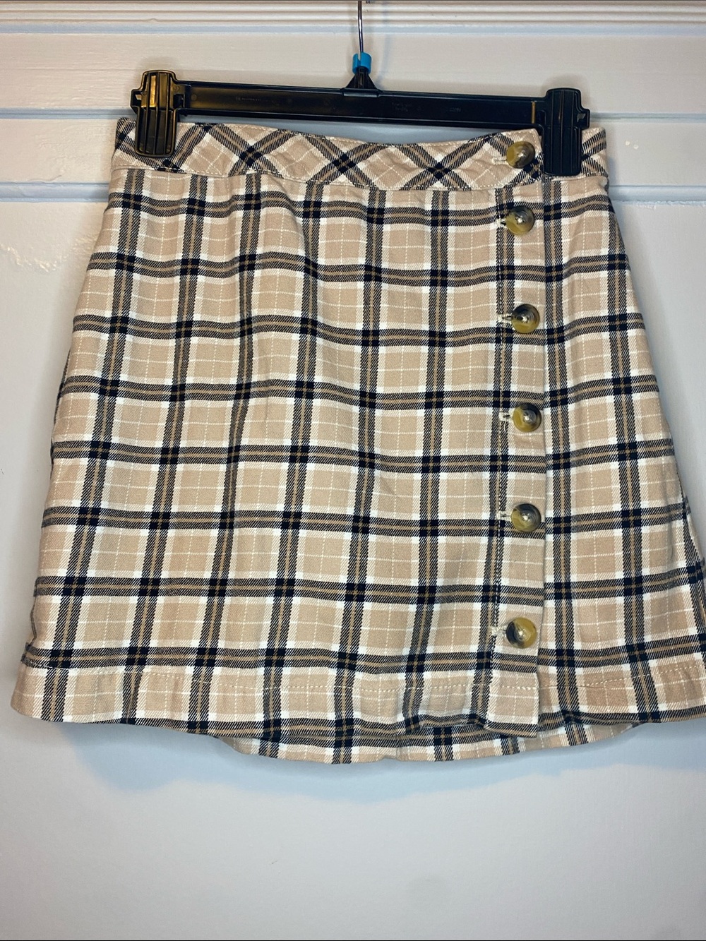H&M Divided Beige Plaid Button-Side Mini Skirt Size 4